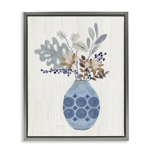 Stupell Industries Bohemian Stylish Mosaic Pattern Vase Botanical Leaf Sprigs Gray Floating Frame Canvas Art, 25 x 31, by Tava Studios