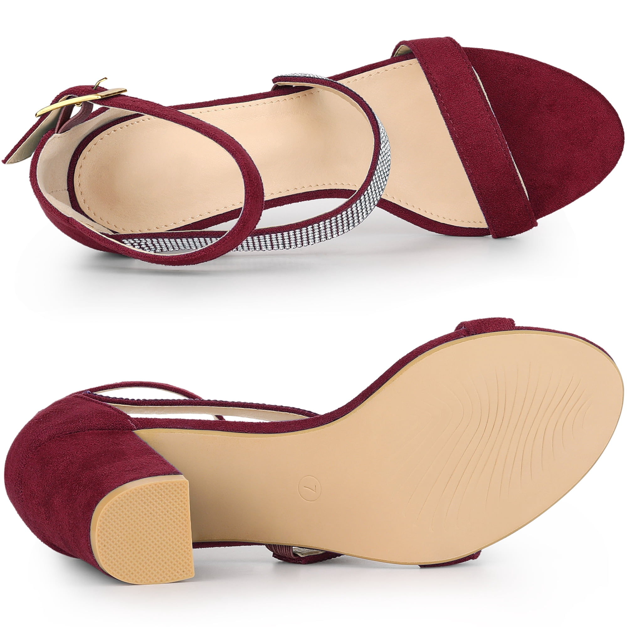 DARING DIVA Women's Rhinestone Block Heels Sandals for Casual and Party Burgundy 6.5