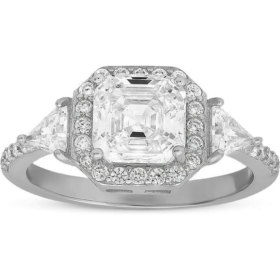 925 Sterling Silver Asscher-cut Halo Diamond Cubic Zirconia Ring | Engagement Ring, Wedding Rings for Women