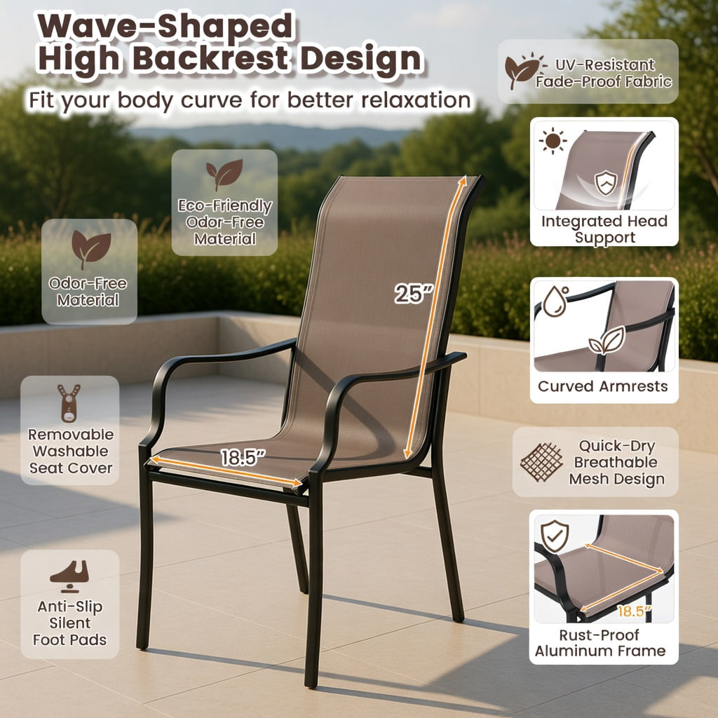 Hommoo 2-Pack Outdoor Dining Chairs, Wide Seat, Heavy-Duty Metal Frame, Breathable Mesh Back, Patio Chairs for Deck, Garden, Porch, Brown & Black