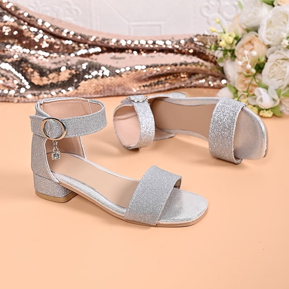 Miluxas Girls Sparkly Sequin Princess Shoes Party Wedding High Heel Shoes Silver 2(36)