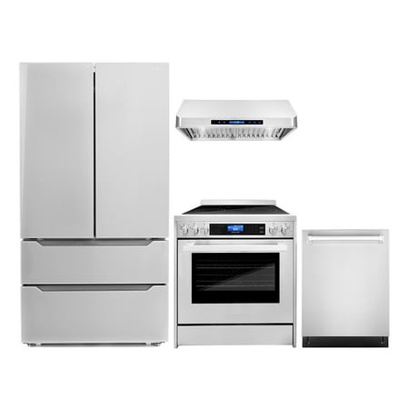 Cosmo 4 Piece Kitchen Appliance Packages with 30  Freestanding Electric Range 30  Under Cabinet Hood 24  Built-in Integrated Dishwasher &amp; French Door Refrigerator Kitchen Appliance Bundles