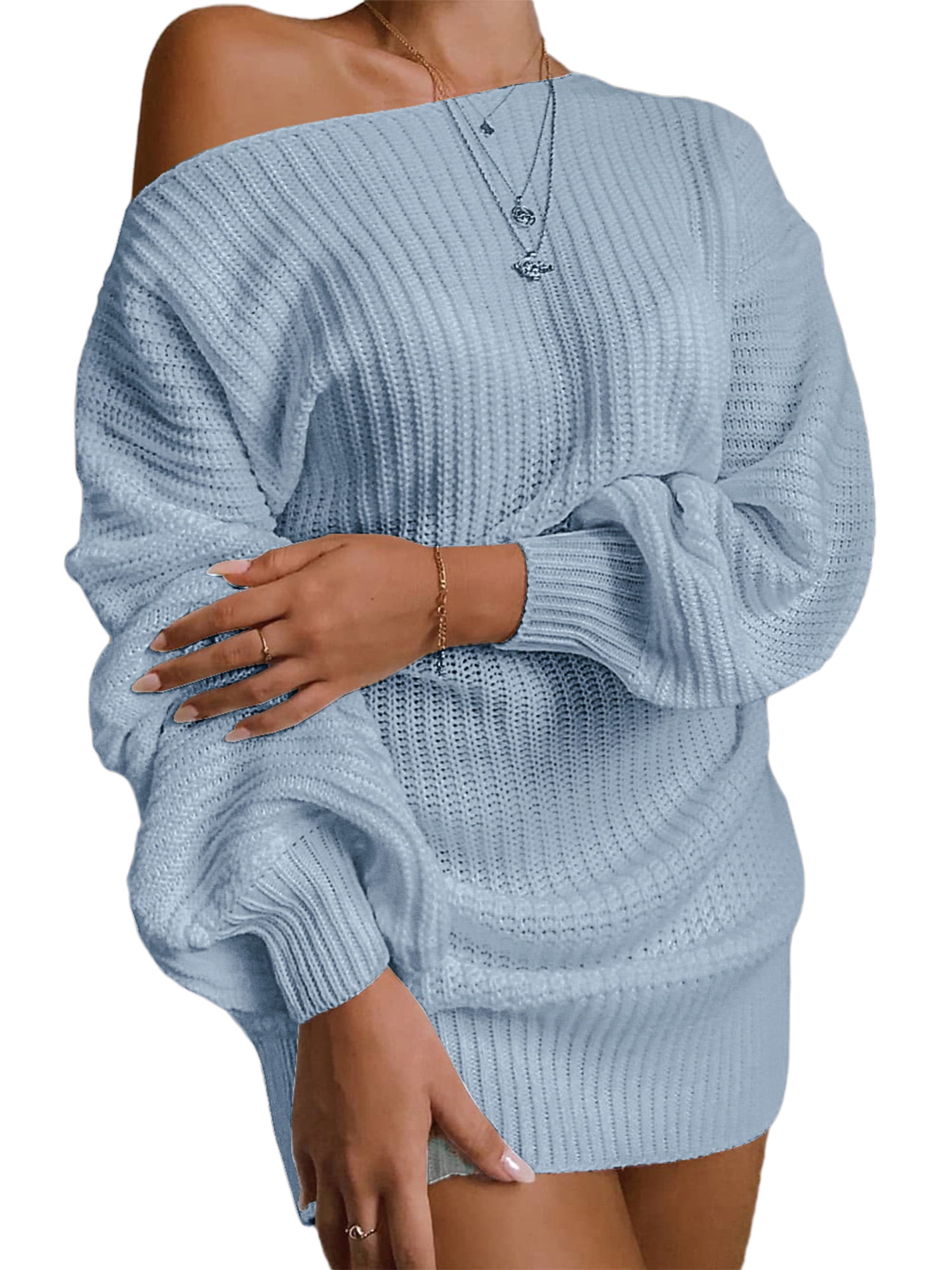 blue off the shoulder sweater dress