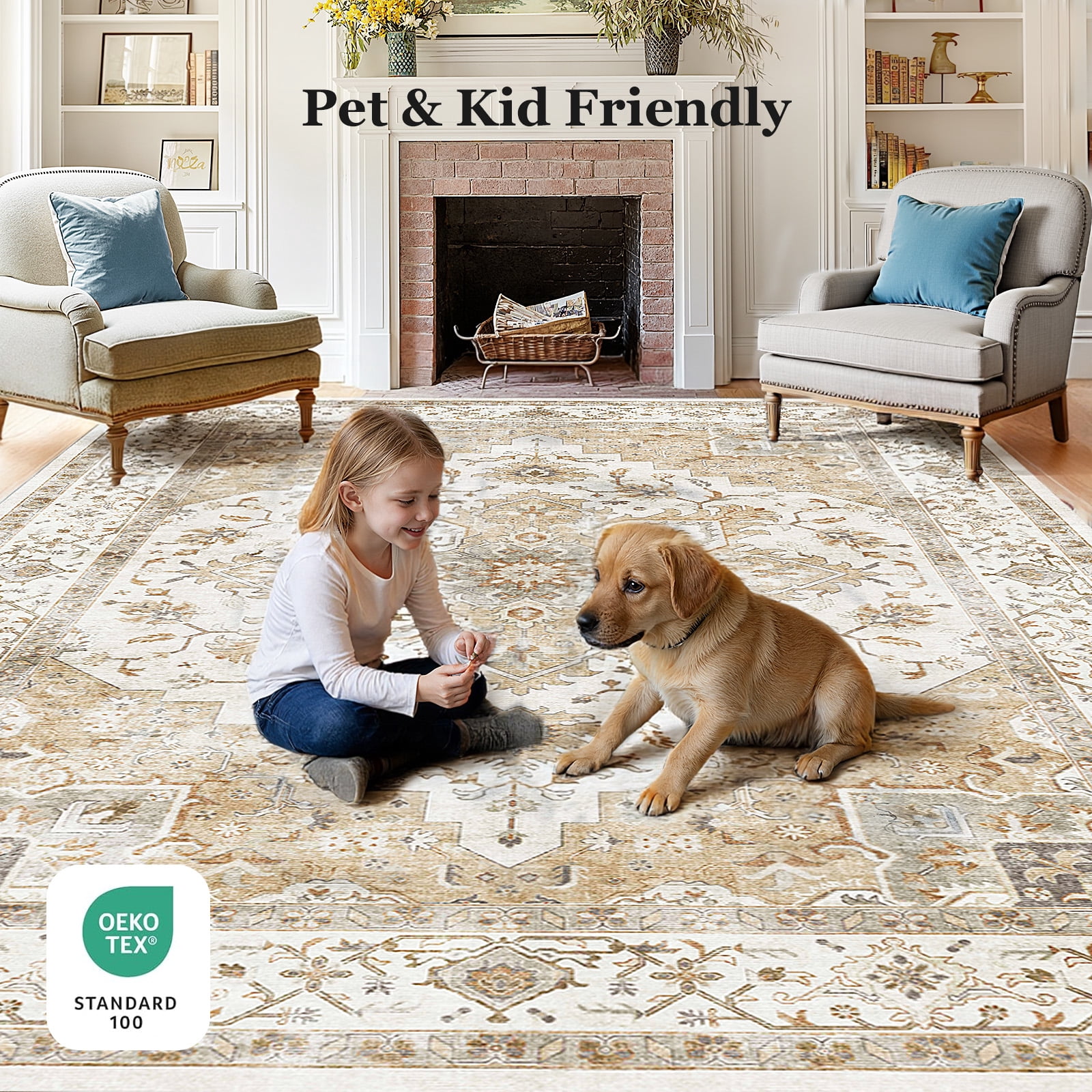 CHITOOMA 8'x10' Area Rugs for Living Room, Machine Washable Rugs Vintage Area Rug for Bedroom Dining Room Dorm Office with Non-Slip Backing, Stain Resistant Non-Shed Carpet