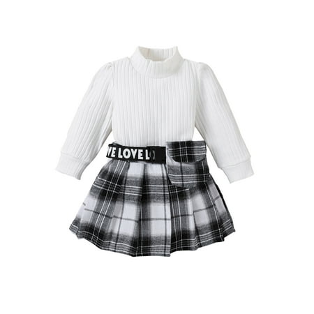 

Peyakidsaa 2PCS Toddler Baby Girls Casual Outfits Long Sleeve Mock Neck Tops + Belted Skirt Set
