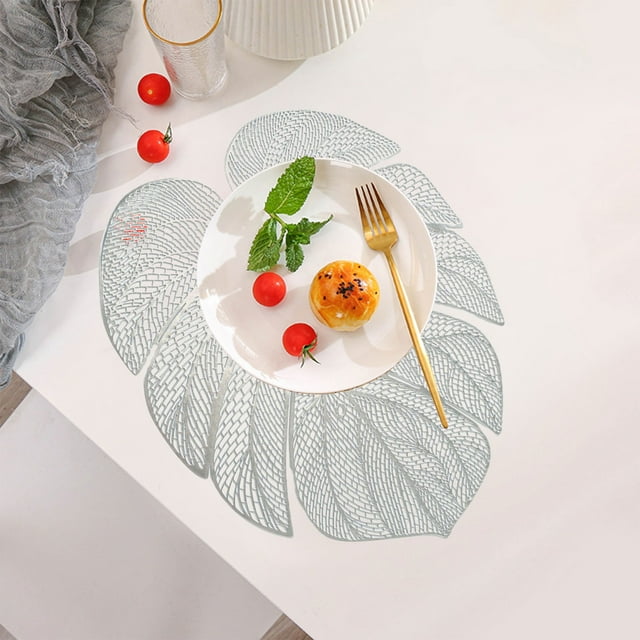 Oleegame 1PC Placemat Stylish PVC Hollow-out Turtle Back Leaf Decoration Placemat with Simulation Leaves, , Oil-proof and Durable Table Mat for Heat Insulation Silver
