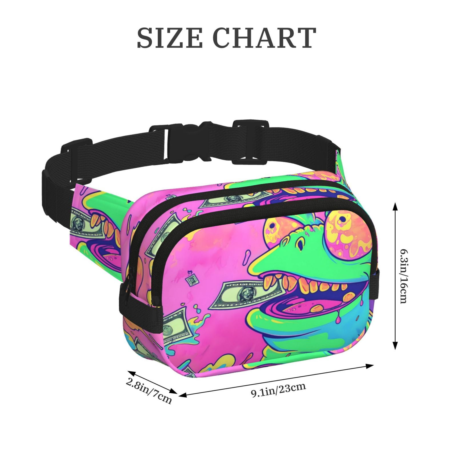 Picia Psychedelic Cartoon Frog Print Square Double-Layer Waist Bag Mini Adjustable Waist Belt Bag Exercise Running Travel Hiking