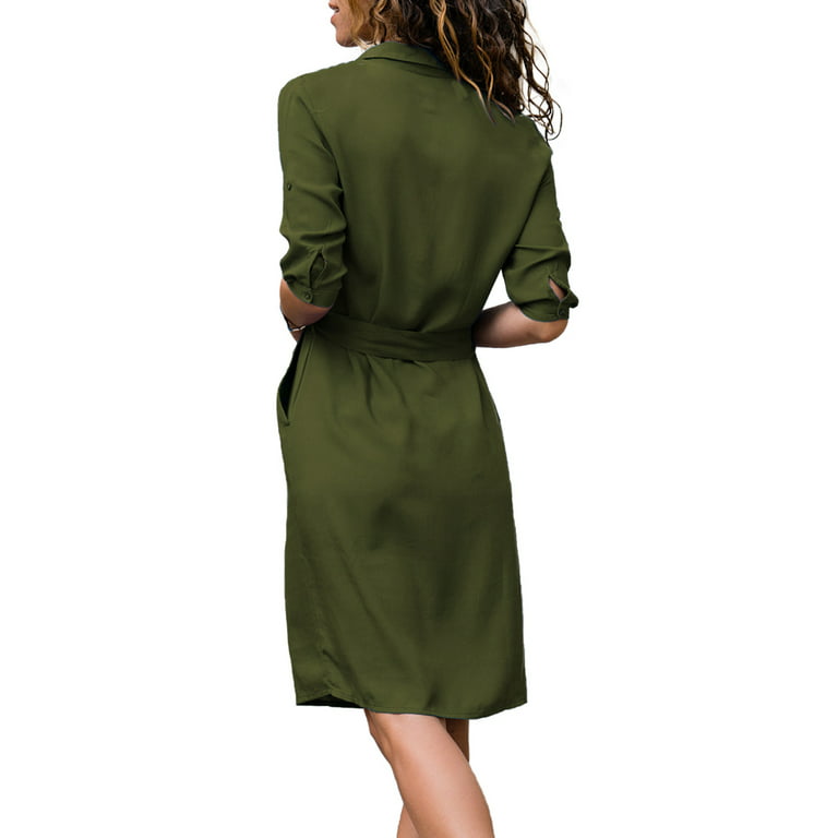 Frontwalk Ladies Knee Length Dresses Lapel Collar Midi Dress 3/4 Sleeve  Office Basic Button Down Yellow L 