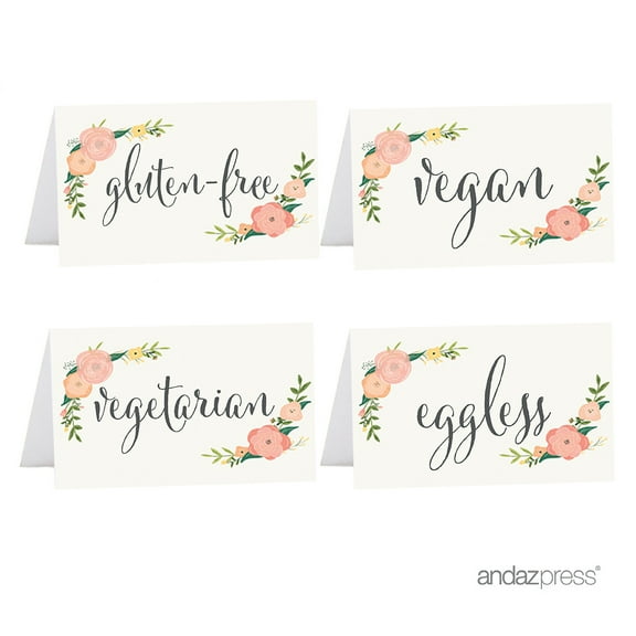 Vegan, Vegetarian, Gluten-Free, Eggless  Food Station Buffet Menu Place Cards, Floral Roses, 20-Pack