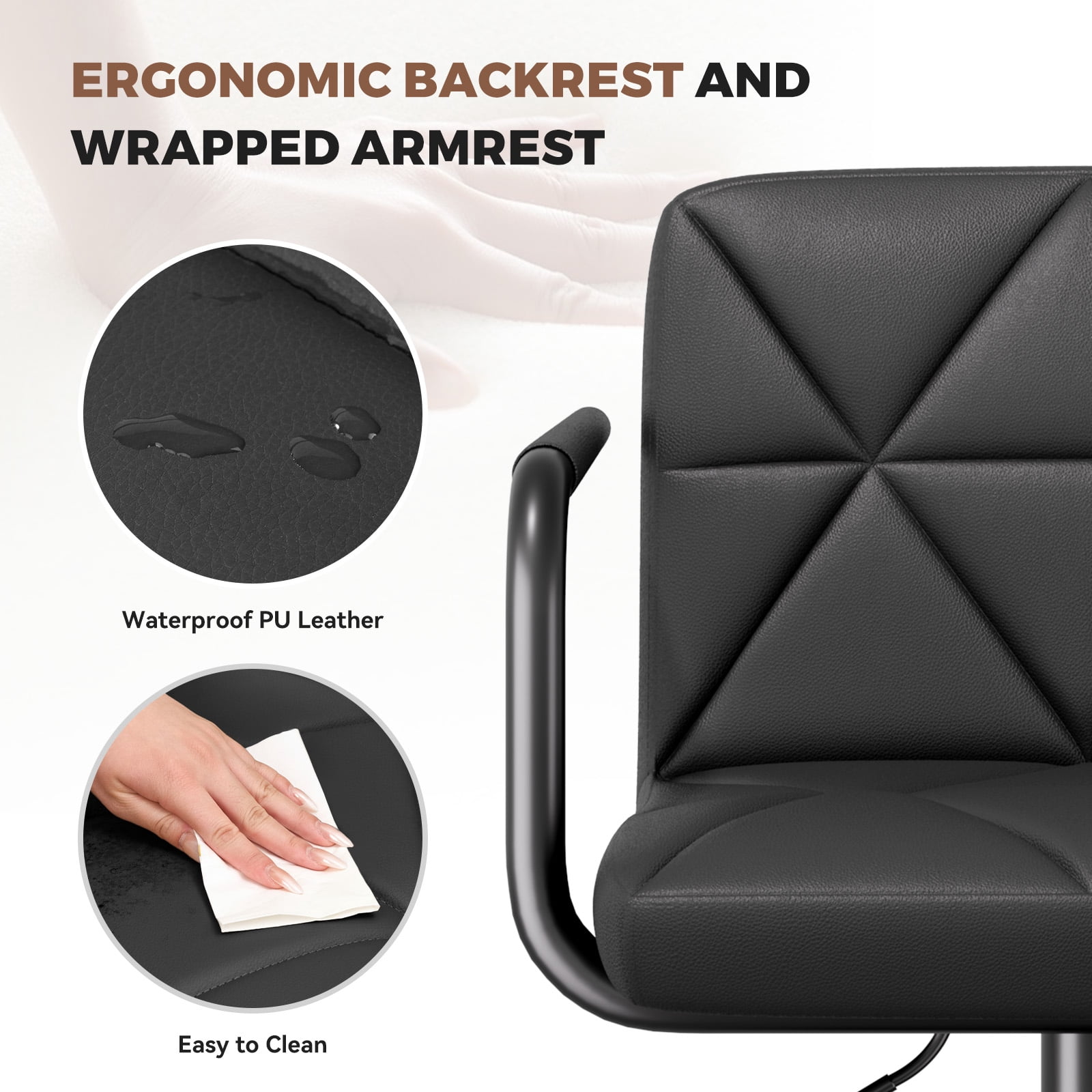Daluvenix Bar Stools Set of 2， PU Leather Adjustable Swivel Barstools，Hydraulic Counter Height Bar Chairs with Armrest Back for Kitchen Island，Black