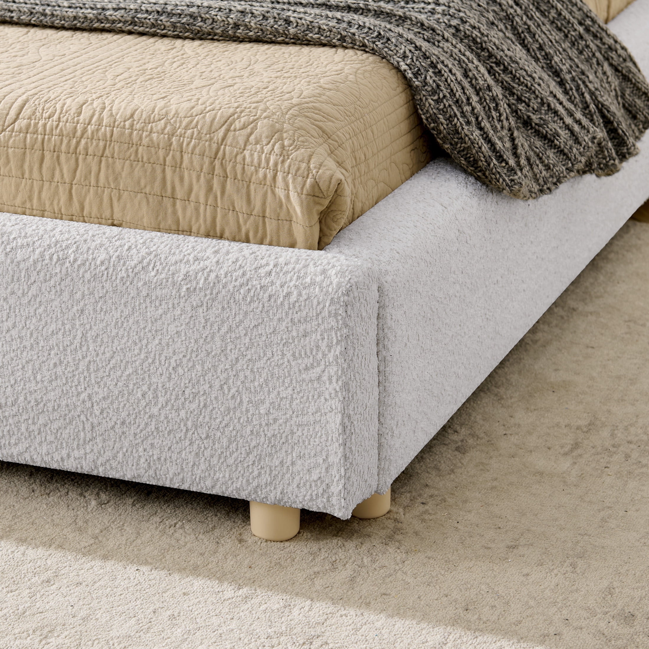 Noble House Roland King Size Yarn Upholstered Bed Frame, Tall Curved Headboard Platform Bed, Sturdy Support, Beige
