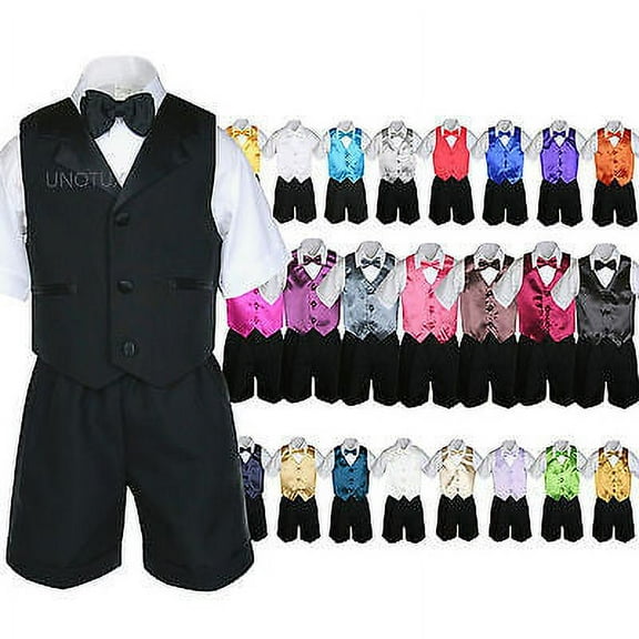 Baby Boy Toddler Formal Vest Shorts Black 6pc Suit Vest Bow Tie Color Pick S-4T