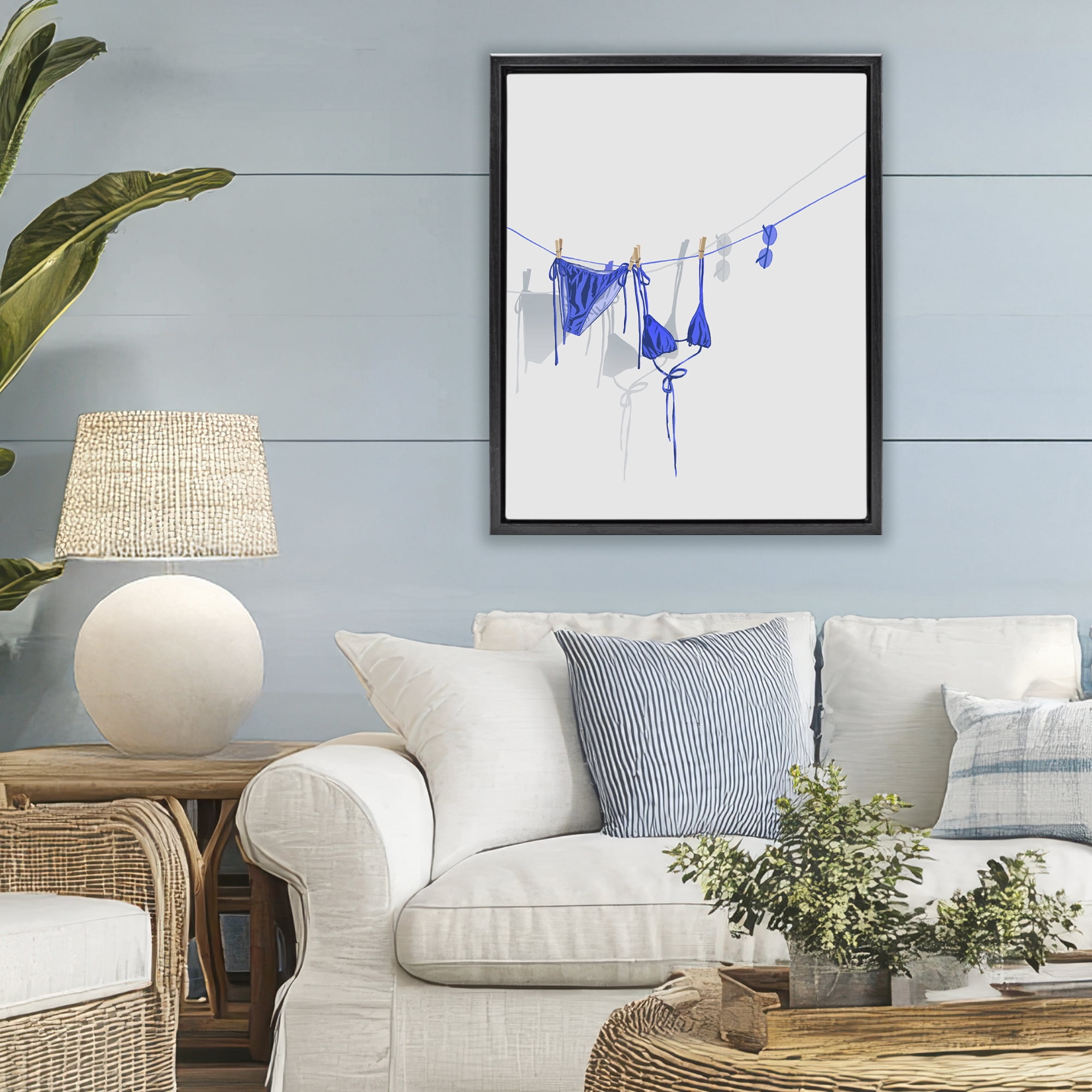 Stupell Industries Blue Bikini on Clothesline Black Framed Floater Canvas Wall Art, design by Ziwei Li