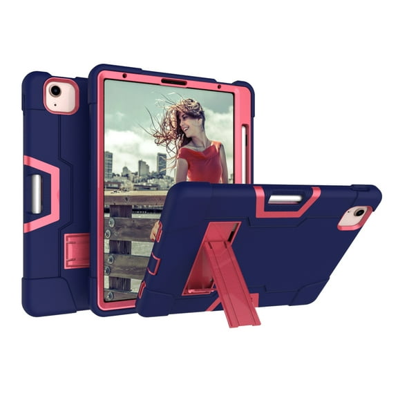 Allytech iPad Air 5 Case 2022, iPad Air 4 Case 2020, Heavy Duty Protection Shockproof Build In Kickstand Pencil Holder Kids Friendly Case for Apple iPad Air 5th 4th Generation, BlackNavyblue/Rose