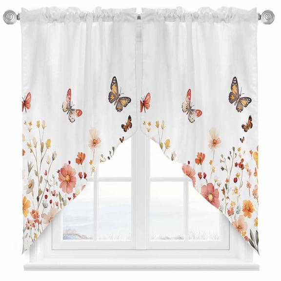 Yellow Pink Flower Swag Valances for Windows 2 Pack Wildflower Butterfly Retro Pastoral Style Swag Kitchen Curtains 36 Inches Long Rod Pocket Short Window Treatment for Kitchen Bathroom 28"x36"
