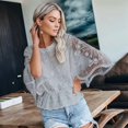 thumbnail image 5 of Women Lace Embroidered Blouse Batwing Short Sleeve Peplum Loose Casual Top Gray M, 5 of 7