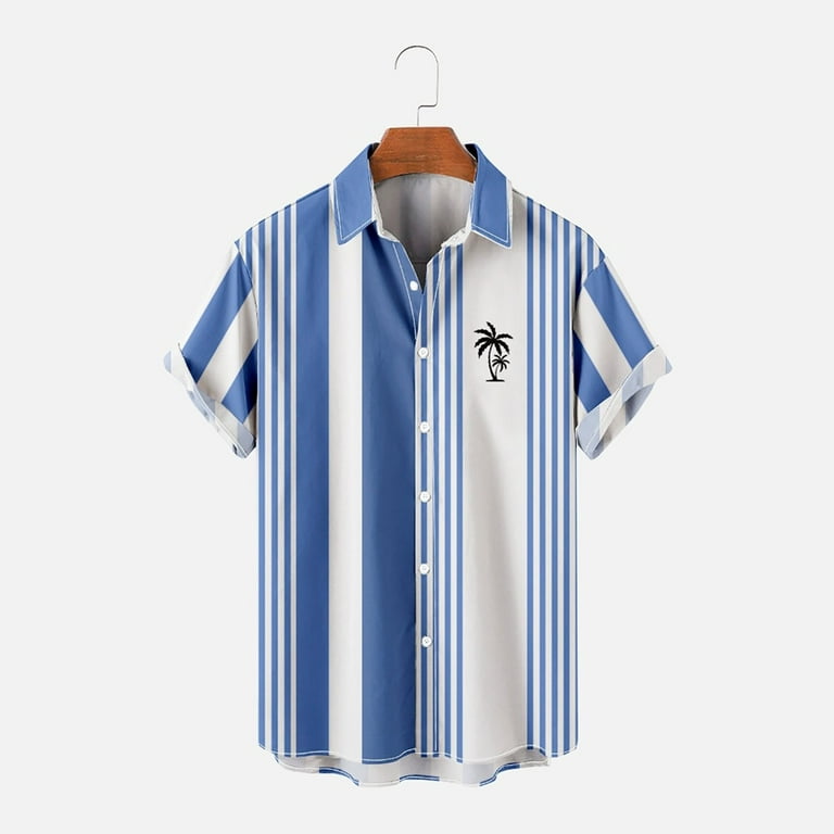VSSSJ Shirts for Men Striped Print Regular Fit Botton Down Short Sleeve  Collared Shirts Summer Beach Hawiian Tropical Palm Tree Graphic Tee Blue  XXXL