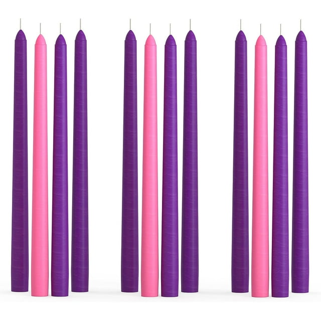 CANDWAX 12 inch Taper Advent Candles 3 Sets - Dripless Tapered Candlesticks and Unscented Candlesticks - Perfect for Advent Wreath - 12 pcs Advent Candles