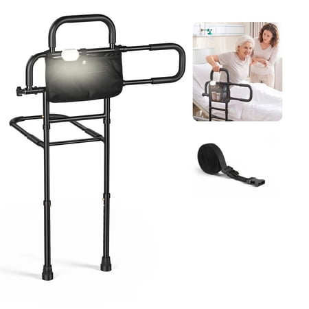 Bed Rails for Elderly Adults Bed Side Assist Rail with Floor Support, Motion Sensor LED Light, 300LBS Dual-Handle Support, Adjustable Handle Length, Storage Pocket, Fits King Queen Full Twin Bed