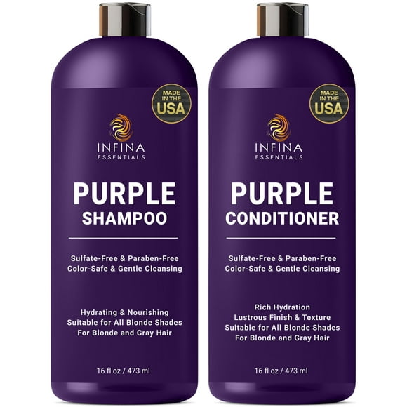 INFINA ESSENTIALS Ensemble de Shampoing et Revitalisant Violet - Sans Sulfate, Enrichi d'Huile de Coco et d'Aloès, Idéal pour Cheveux Blonds, Gris, Cuivrés et Colorés, Nourishe
