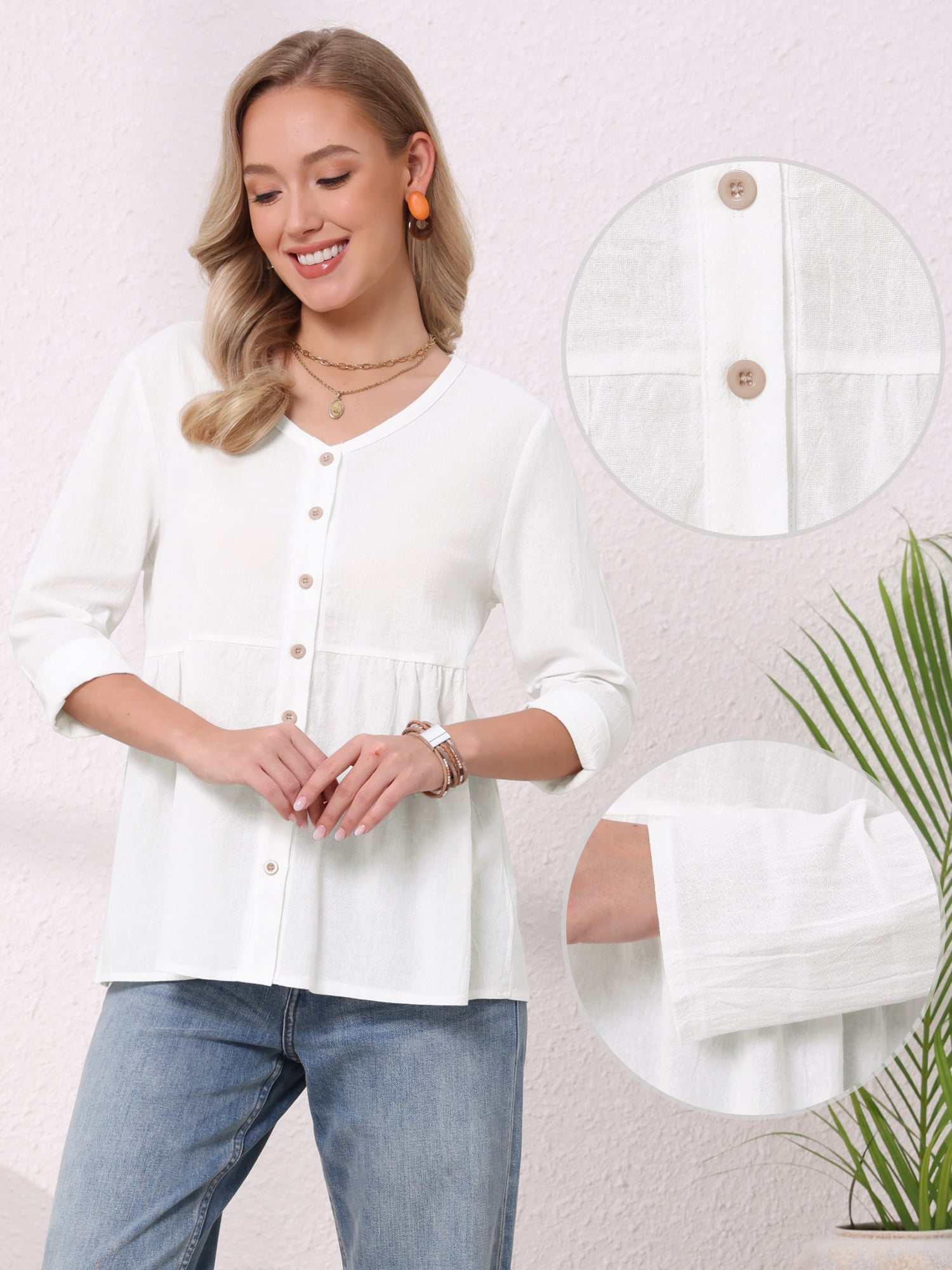 DARING DIVA Women's Button Down Blouse Long Sleeve V Neck Lightweight Top S White