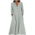 thumbnail image 1 of Wdfiry Robe en Coton et Lin pour Femmes Couleur Unie Col Cranté Manches Bouffantes Robe Grande Taille Ample Manches 3/4 Midi, 1 of 4