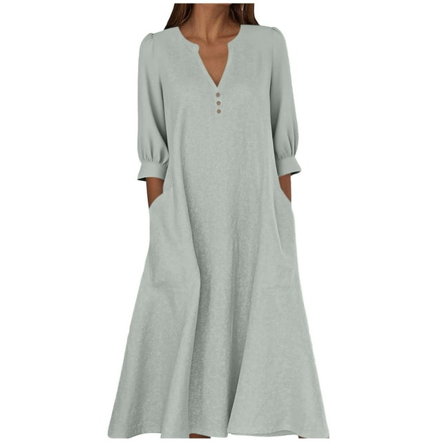 Wdfiry Robe en Coton et Lin pour Femmes Couleur Unie Col Cranté Manches Bouffantes Robe Grande Taille Ample Manches 3/4 Midi