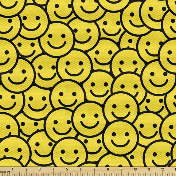 Black and Yellow Fabric by the Yard, Cheerful Cartoon Style Circular Faces Smiling Happy Mood Expression, Upholstery Fabric for Dining Chairs Home Decor Accents, 5 Yards, Yellow and Black by Ambesonne