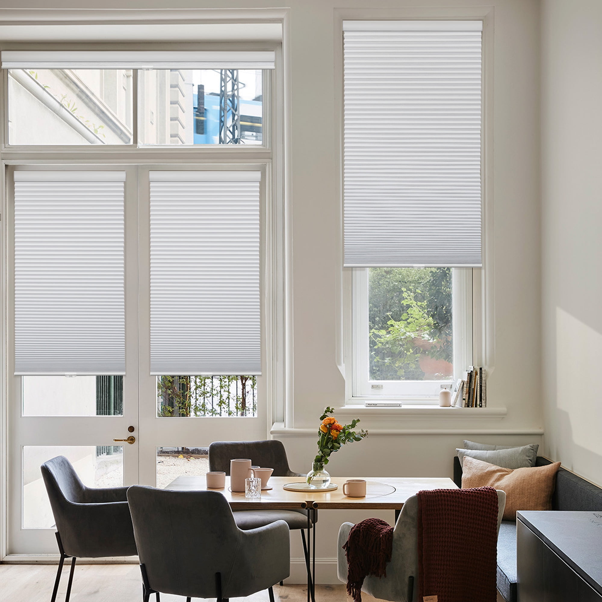 Keego Cordless Cellular Shade for Windows Insulated Mini Blinds for Room Darkening Blackout White, 44"W x 84"H