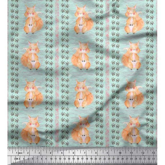 Soimoi Green Georgette Viscose Fabric Paw Print & Rabbit Kids Printed Fabric 1 Yard 44 Inch Wide