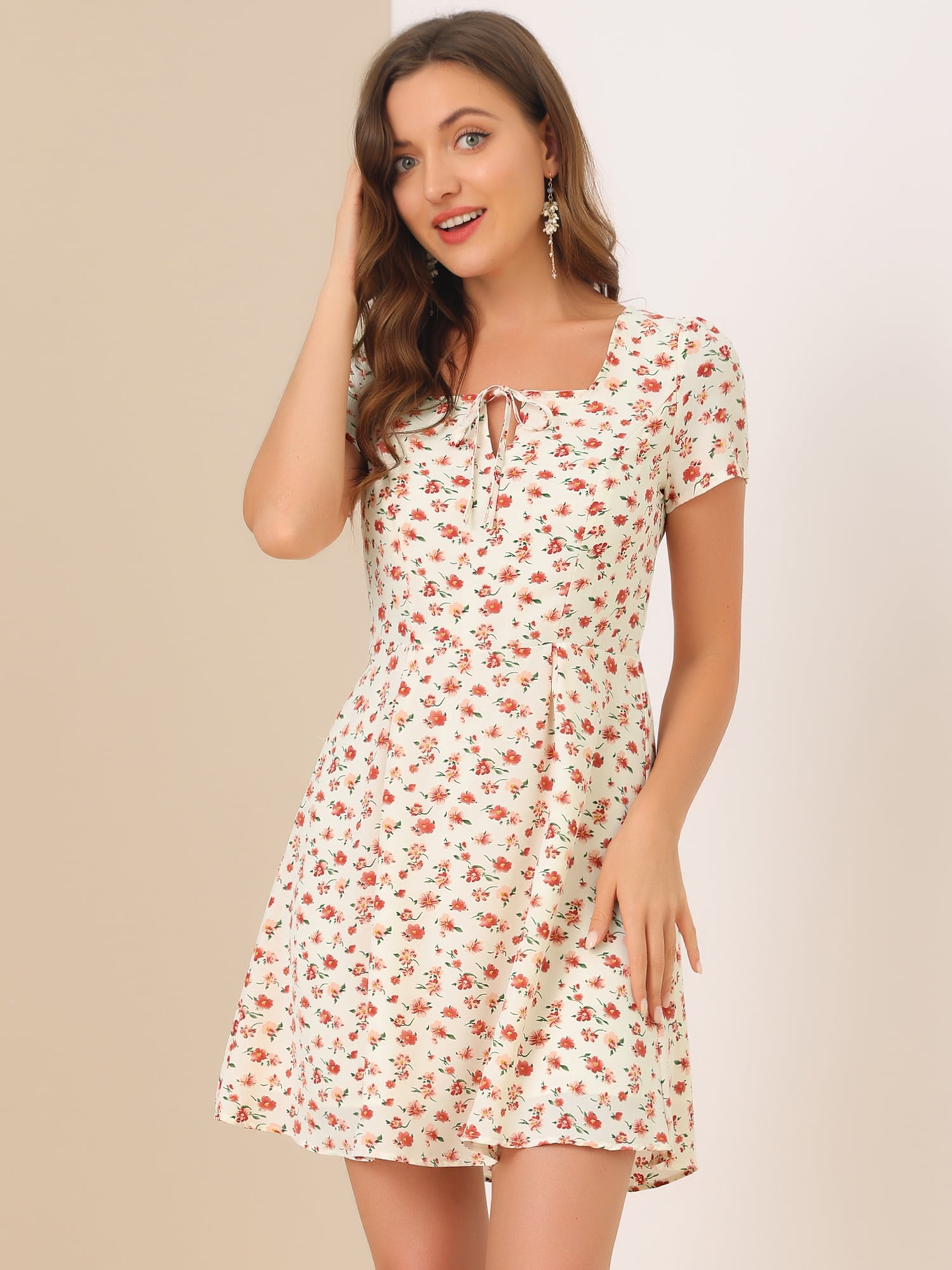 DARING DIVA Square Neck Short Sleeve Print A-Line Dress S White-Floral