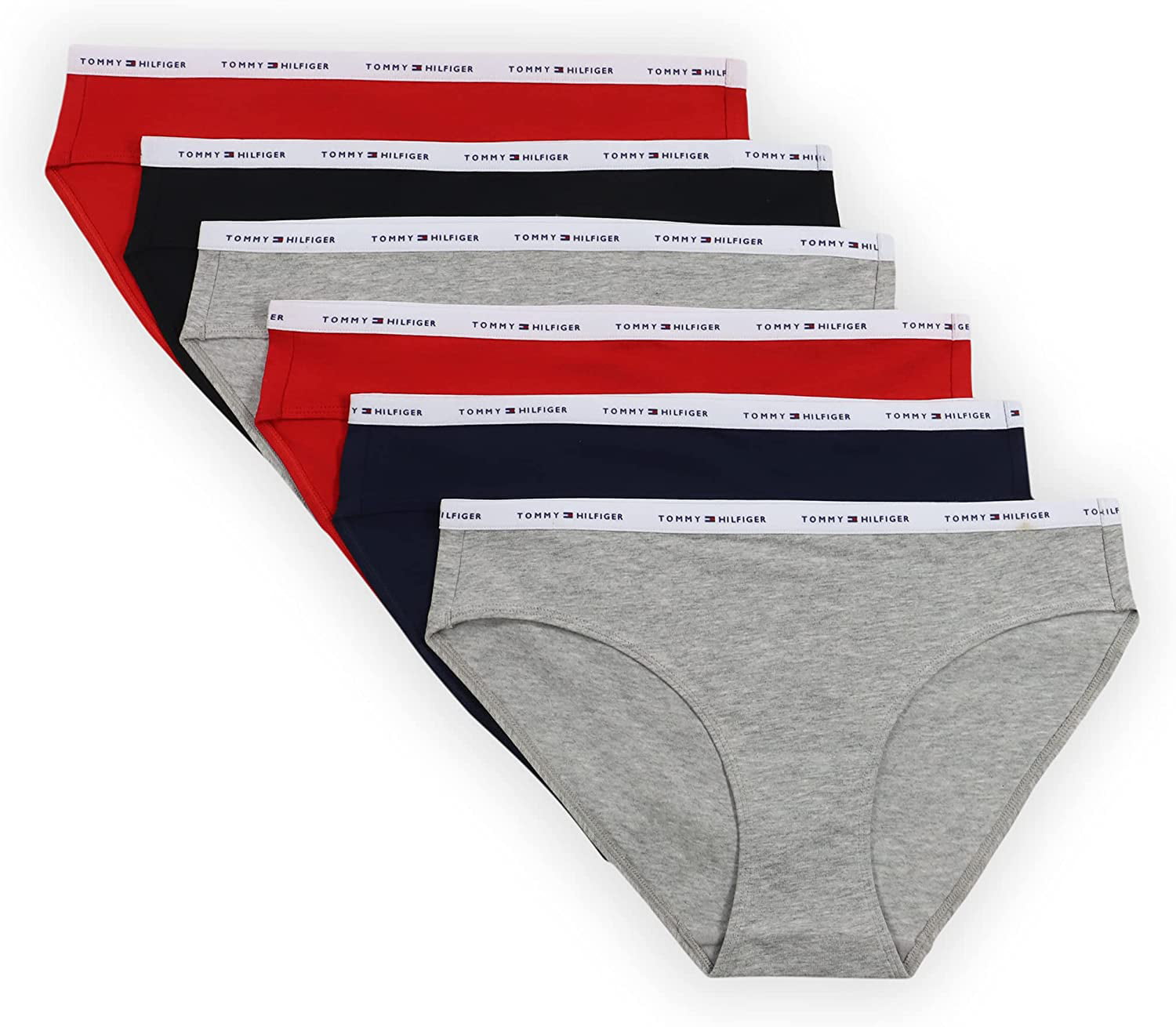 Tommy Hilfiger Womens Underwear Basics Cotton Bikini Panties, 6 Pack  X-Large Heather Grey/Navy /Red /Black 
