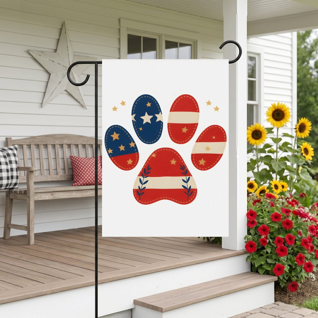 USA Garden Flag 28x40 Patriotic House Flag for Outdoor Decor with Red White Blue Paw Print Stars Stripes