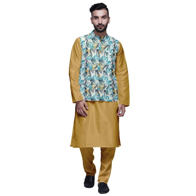 Atasi Ensemble Kurta Pyjama en Soie Ethnique Dupion avec Veste Imprimée pour Hommes