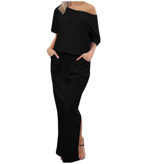 QIPOPIQ Robe d'Été 2024 pour Femme, Épaules Dénudées, Manches Courtes, Côtelée, Décontractée, Soirée, Moulante, Maxi, Liquidation