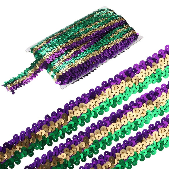 Uxcell 5 Yards 1.2 Inch Elastic Sequins Trim 3 Row Flat Sequin Strip Paillette Fabric Ribbon for Crafts DIY Fringe Sewing Costume Dress, Green/Gold Tone/Purple