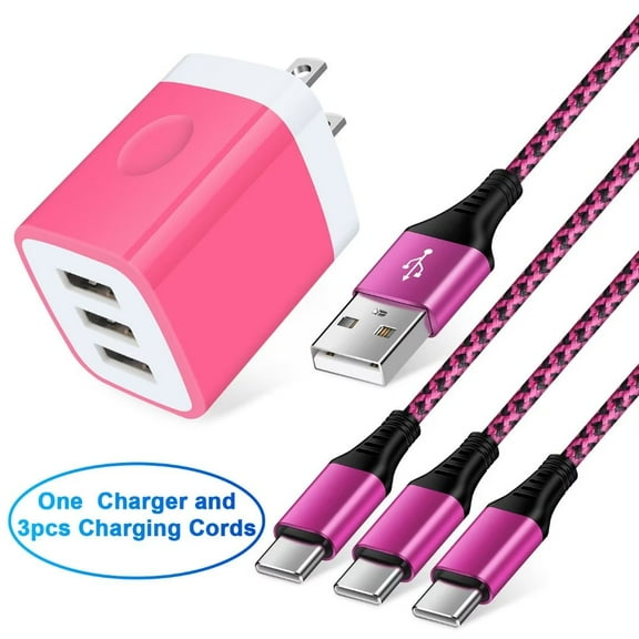 USB C Cable,USB A to USB C Cables 3pack 6ft FiveBox Nylon Braided 3A Fast Charging Cord Type C Charging Cable with 1pc Three Port USB Wall Charger Block(Rose)