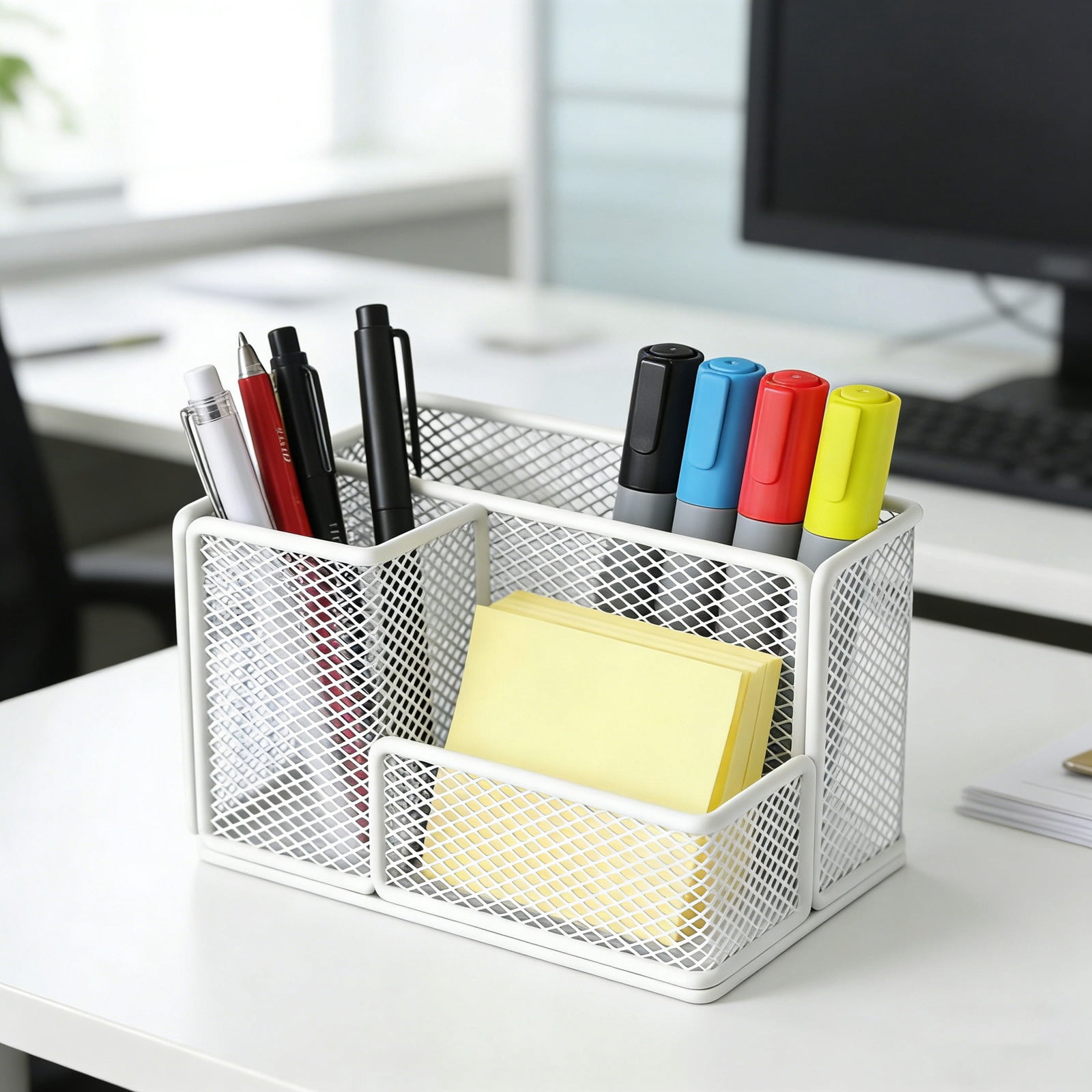 Mesh Pen Pencil Holder Desk Organizer, 3 Compartment Wire Desktop Pen Pencil Cup Caddy Office Supplies Desk Accessories for Home Office, White