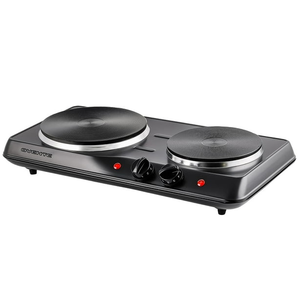 OVENTE Encimera eléctrica de doble quemador de 1700 W con placas calientes de hierro fundido de 7,25 pulgadas y 6,10 pulgadas, control de temperatura, estufa de cocina portátil y base de acero inoxida