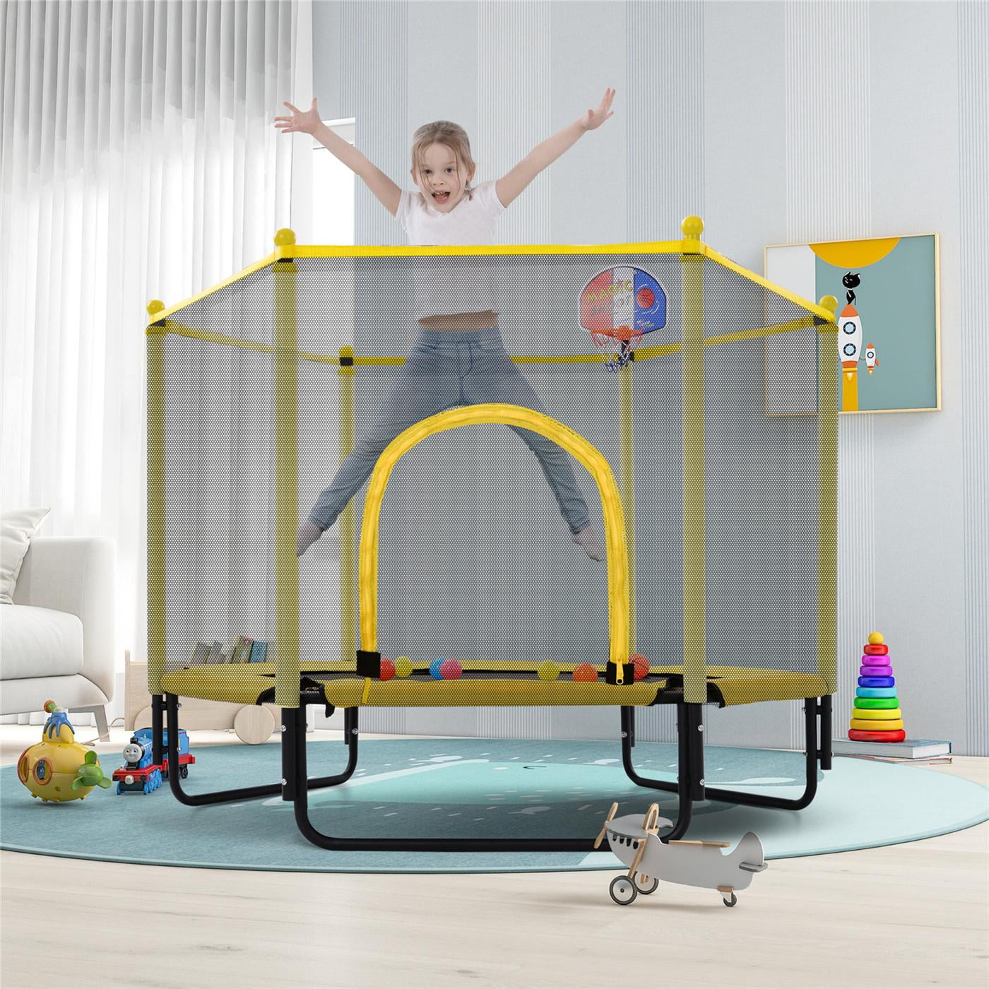 Mini Toddler Trampoline, 5FT Trampoline with Basketball Hoop for Fun, Indoor Outdoor Cardio Exercise Trampoline for Kids Max 200 LBS, Yellow