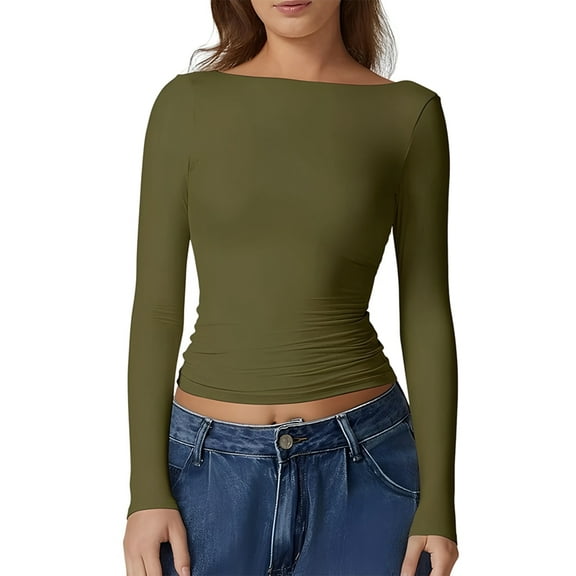 Womens Crewneck Long Sleeve Shirt Double Lined Basic Tees Side Ruched Going Out Crop Tops  Green XS