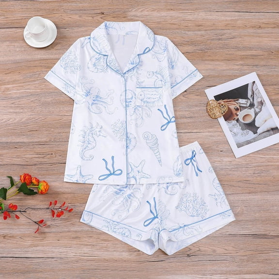 MAIHAN Cute Pjs for Women 2 Piece Short Sleeve Sleepwear Summer Soft Pajamas Set Button Up Summer Cute Pjs Pjs Printed Sleepwear Sets