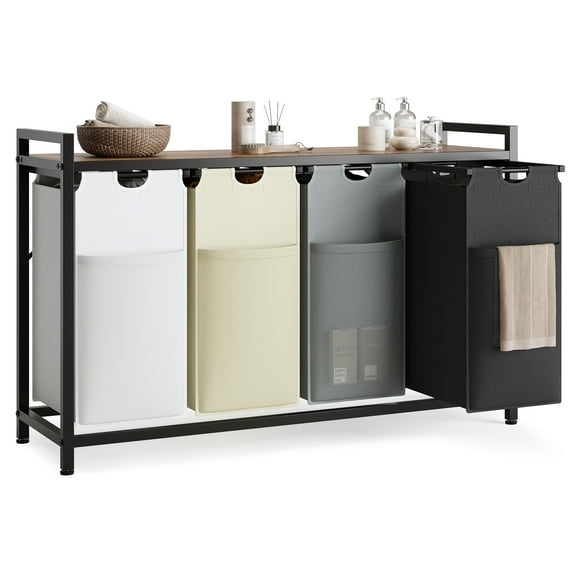 Laintene 156L Laundry Hamper with Removable Bags - 4-Section Freestanding Clothes Sorter, Top Shelf & Side Pockets for Dorm, Bedroom, Bathroom Organization