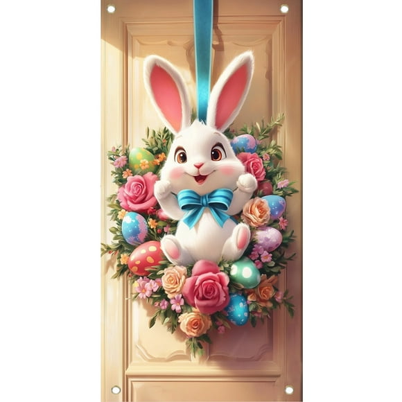 Lksixu Easter Decorations Easter Bunny Wreath Door Flag Door Hanging Door Cover Decoration Spring Easter Decor for Front Door Festive Easter Ornaments Spring Decor for Party Holiday