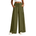 thumbnail image 3 of Women's 100% Cotton Loose Fit Pants with Elastic Waist, Drawstring Closure & Pockets, Summer Beach Casual Lounge Pants, Womens | VerBelle,Army Green L, 3 of 9