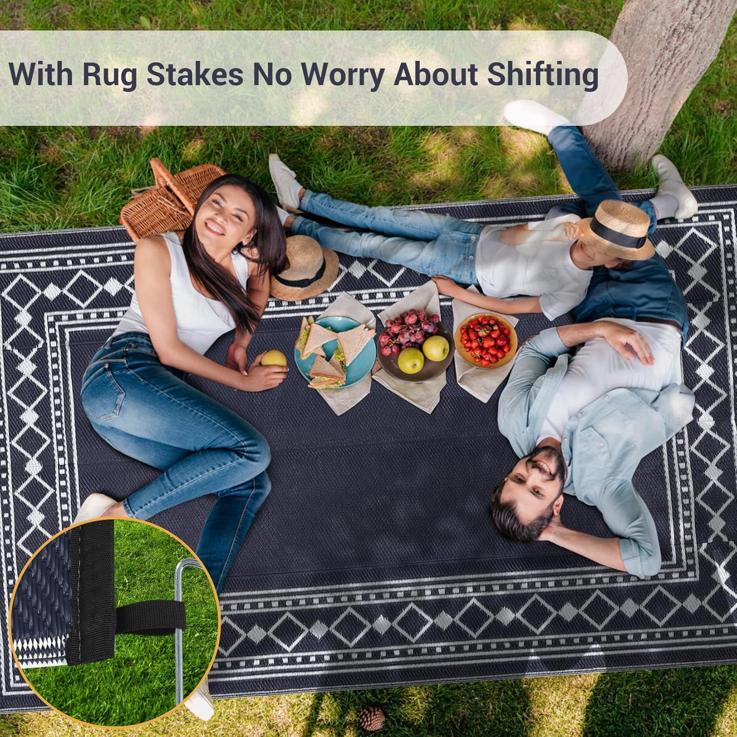 Funslane 10' x 14' Waterproof Outdoor Rug, Reversible Plastic Straw Patio Mat, Easy to Clean & Portable, for Deck, RV, Camping & Balcony, Navy/White