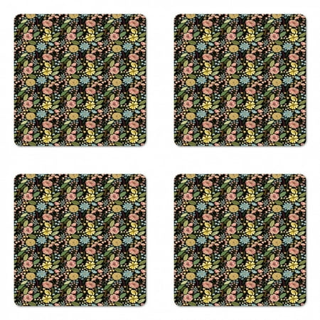 

Botanical Coaster Set of 4 Vintage Design Summer Flourishes Petals Buds Spring Meadow Square Hardboard Gloss Coasters Standard Size Charcoal Grey and Multicolor by Ambesonne