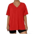 thumbnail image 5 of sckarle Oversize Tshirts for Women Short Sleeve V Neck Summer Tops Plus Size Loose Fit Trendy Pullover Side Split Solid Color Tunic Tops Red,XXXXXL, 5 of 7