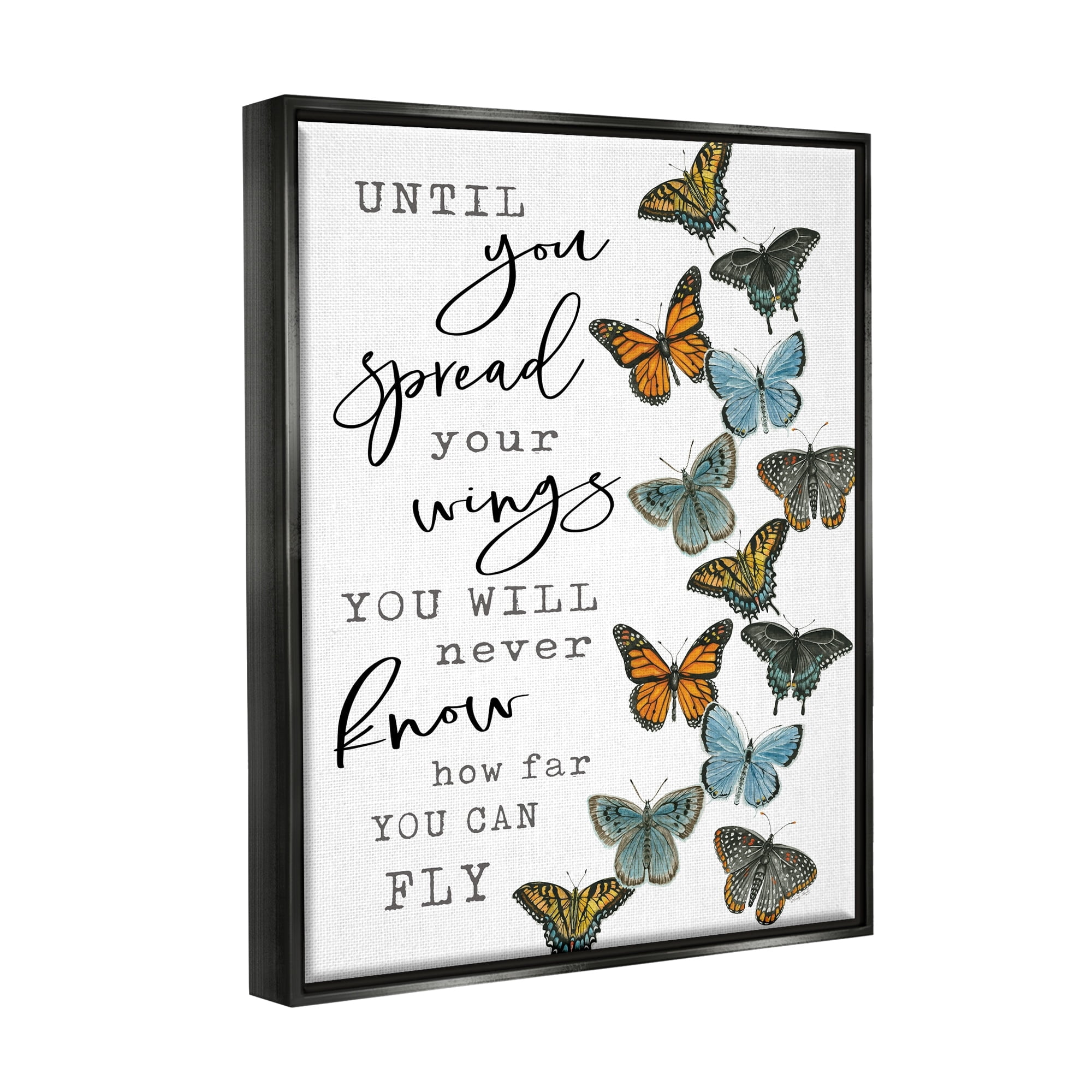 Stupell Industries Spread Your Wings Encouraging Butterflies Motivational Quote Graphic Art Metallic Gold Floating Framed Canvas Print Wall Art, Design by Cindy Jacobs