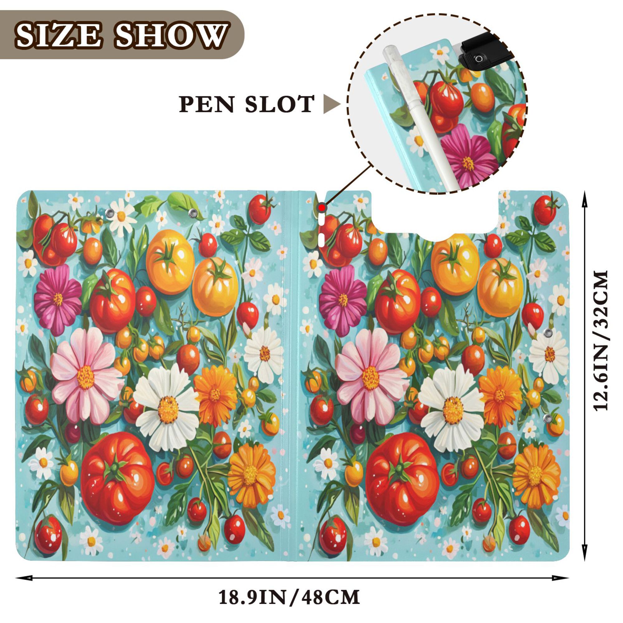 FORMRS A4 Clipboard Folder with Pen Holder Horizontal Foldable School Office Binder, Pink Floral Tomatoes